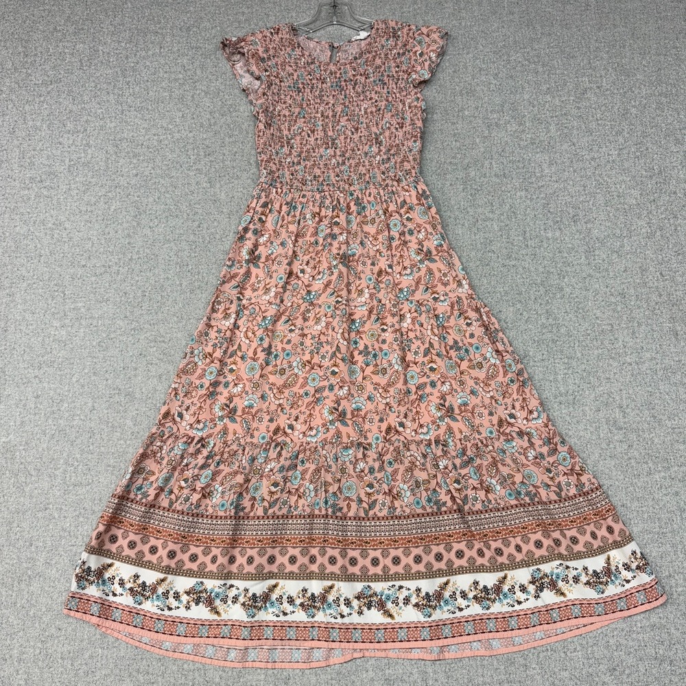 By The River Floral Smocked Maxi Dress Small Pink Boho Flutter Sleeve Lined 2278